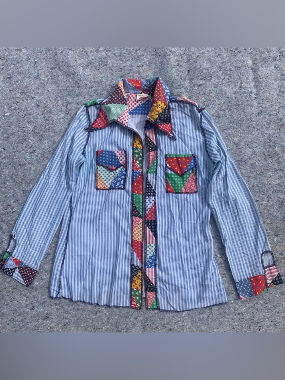Vintage 70s Betmar rayon polyester faux patchwork striped long sleeve shirt top